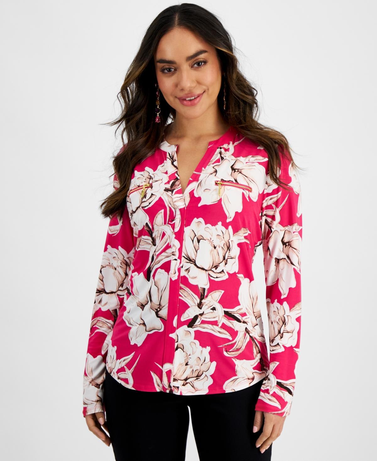 I.n.c. International Concepts Womens Print Zip-Pocket Top, in Regular & Petite, Created for Macys Product Image