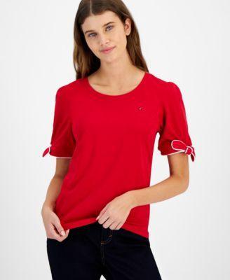 Women's Crewneck Short-Sleeve Tie-Cuff Top Product Image