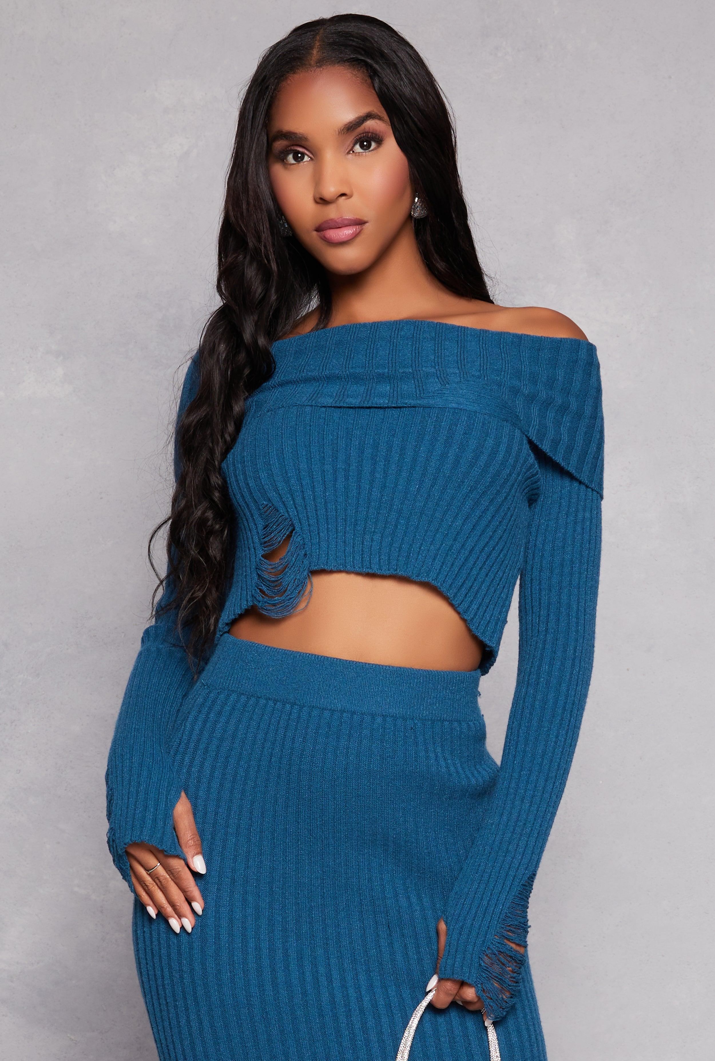 Womens Distressed Ribbed Knit Off the Shoulder Sweater Product Image