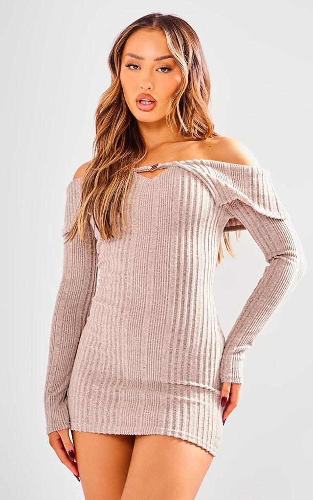 Petite Taupe Brushed Rib Fold Over Mini Dress Product Image