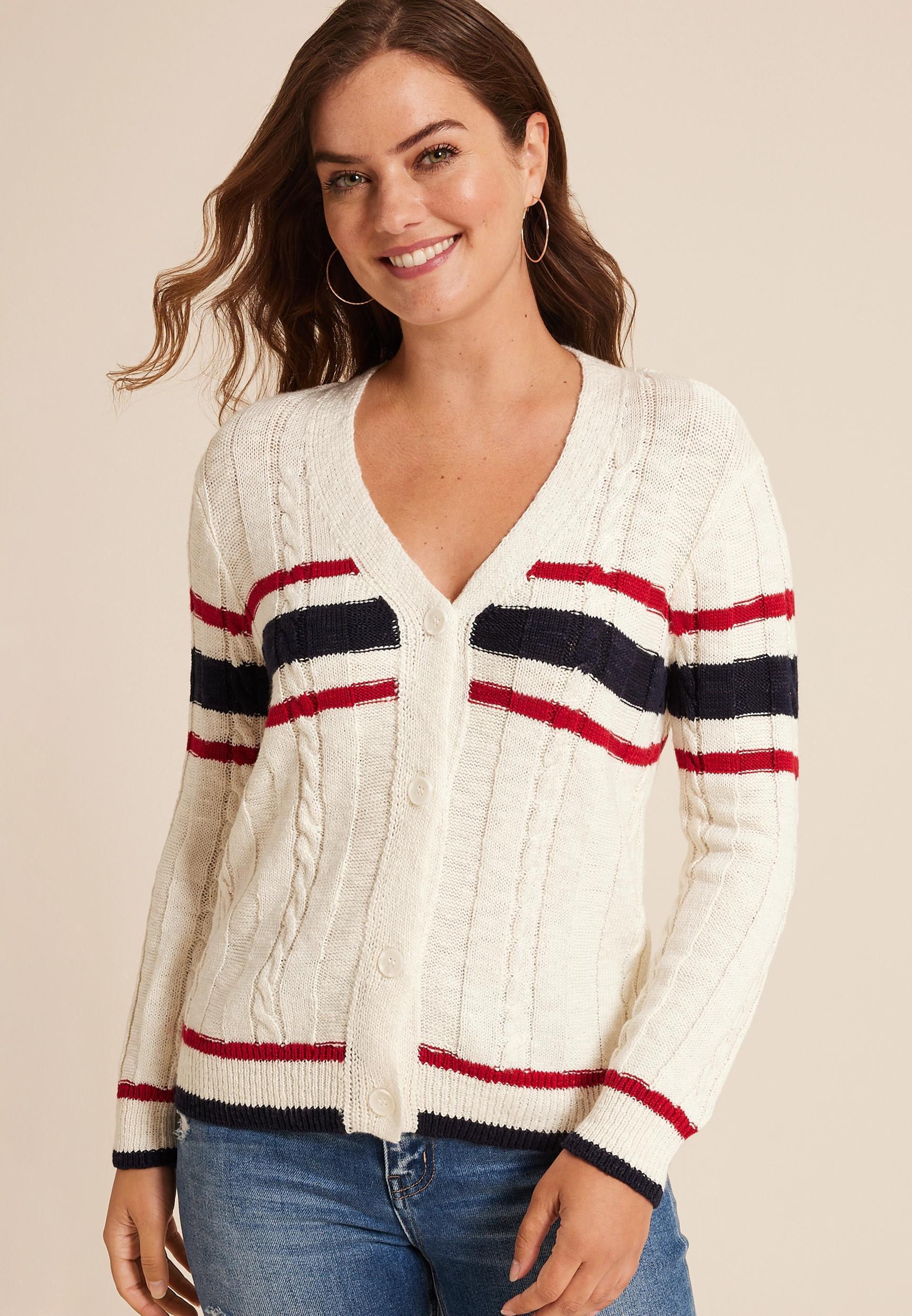 Maurices Womens Prep Striped Cable Knit Button Down Cardigan White Size X Small Product Image