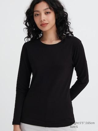 UNIQLO US Women's Heattech Cotton Crew Neck Long-Sleeve T-Shirt (Extra Warm) with Moisture-Wicking Black Large UNIQLO US  L  female Product Image