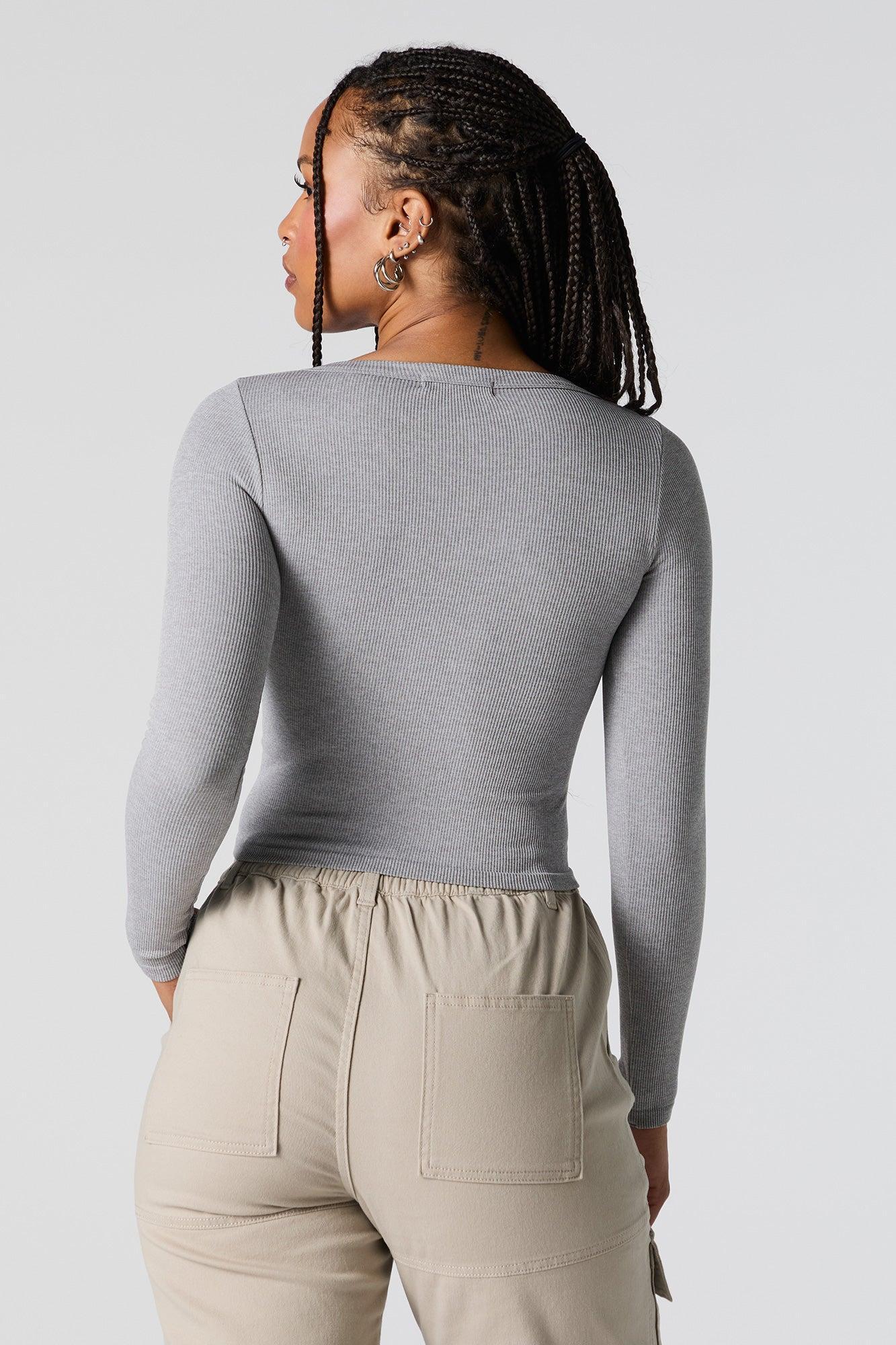 Seamless Ribbed V-Neck Long Sleeve Crop Top Female Product Image