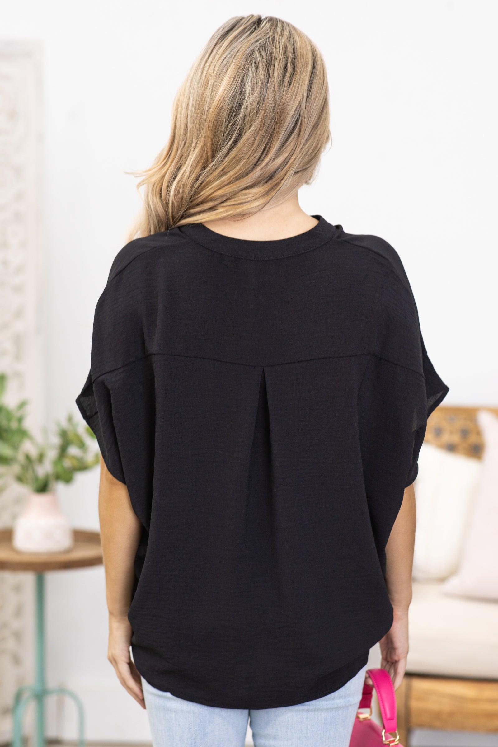 Black Notched V-Neck Woven Top Product Image