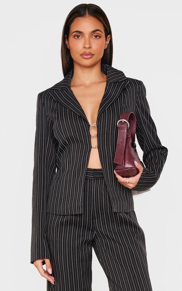 Black Open Front Pinstripe Fitted Shirt Product Image