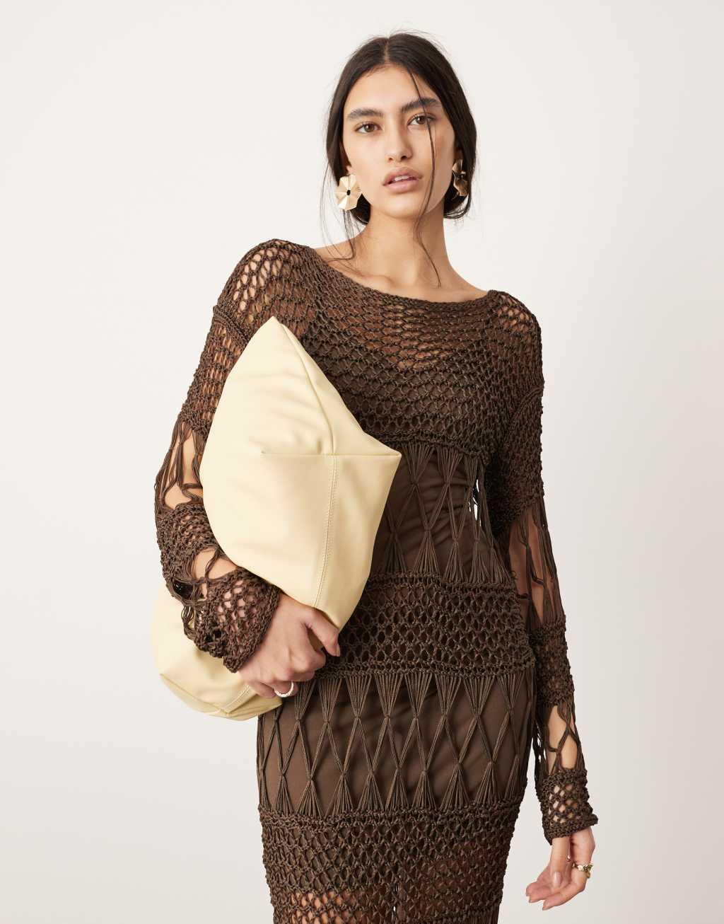 ASOS EDITION long sleeve macrame knit maxi dress in brown Product Image