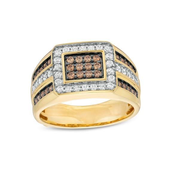 Men's 1 CT. T.w. Champagne and White Rectangular Composite Diamond Frame Triple Row Ring in 10K Gold Product Image