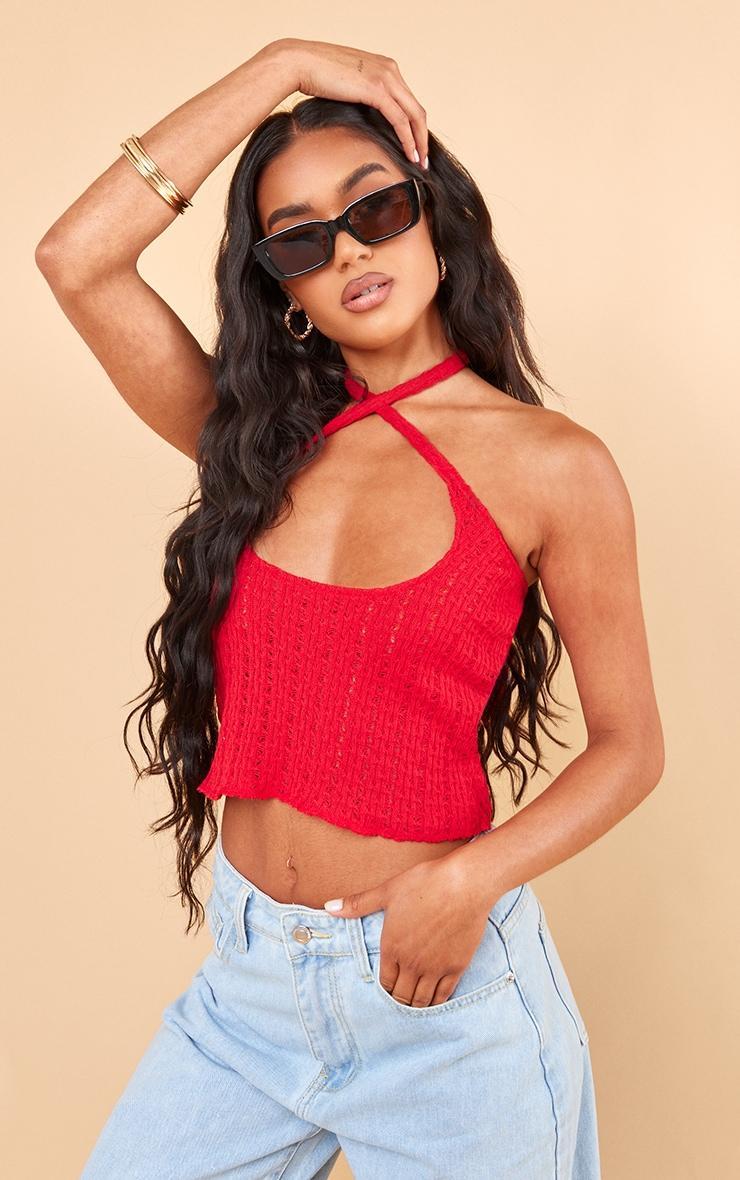 Red Knit Look Cut Out Halter Crop Top Product Image