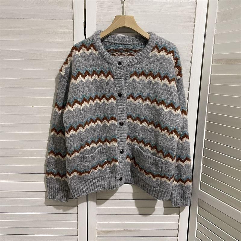 Round Neck Patterned Button Cardigan Product Image