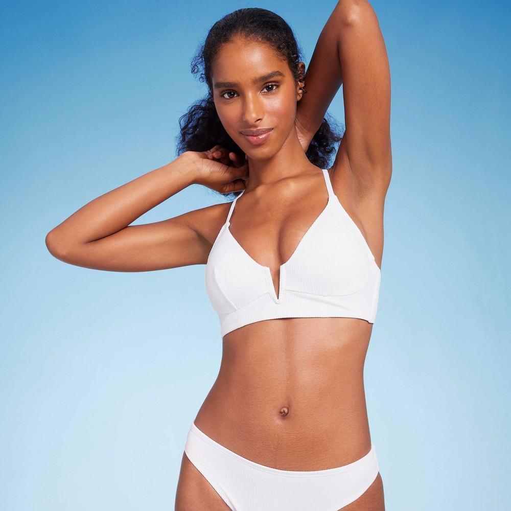 Womens Ribbed Longline V-Wire Bikini Top - Shade & Shore White 32D Product Image