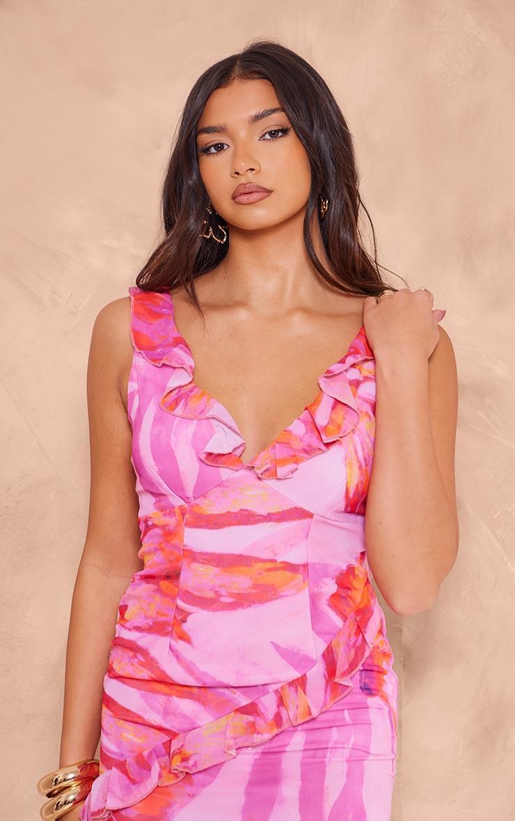 Pink Floral Printed Frill Detail Chiffon Mini Dress Product Image