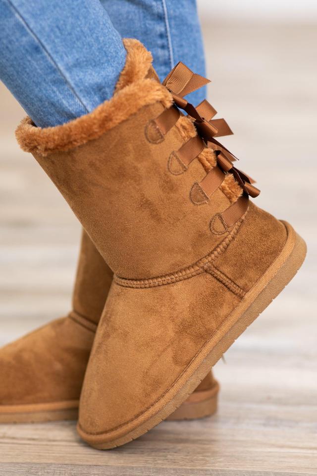 Tan Faux Fur Lined Boots With Bows Product Image