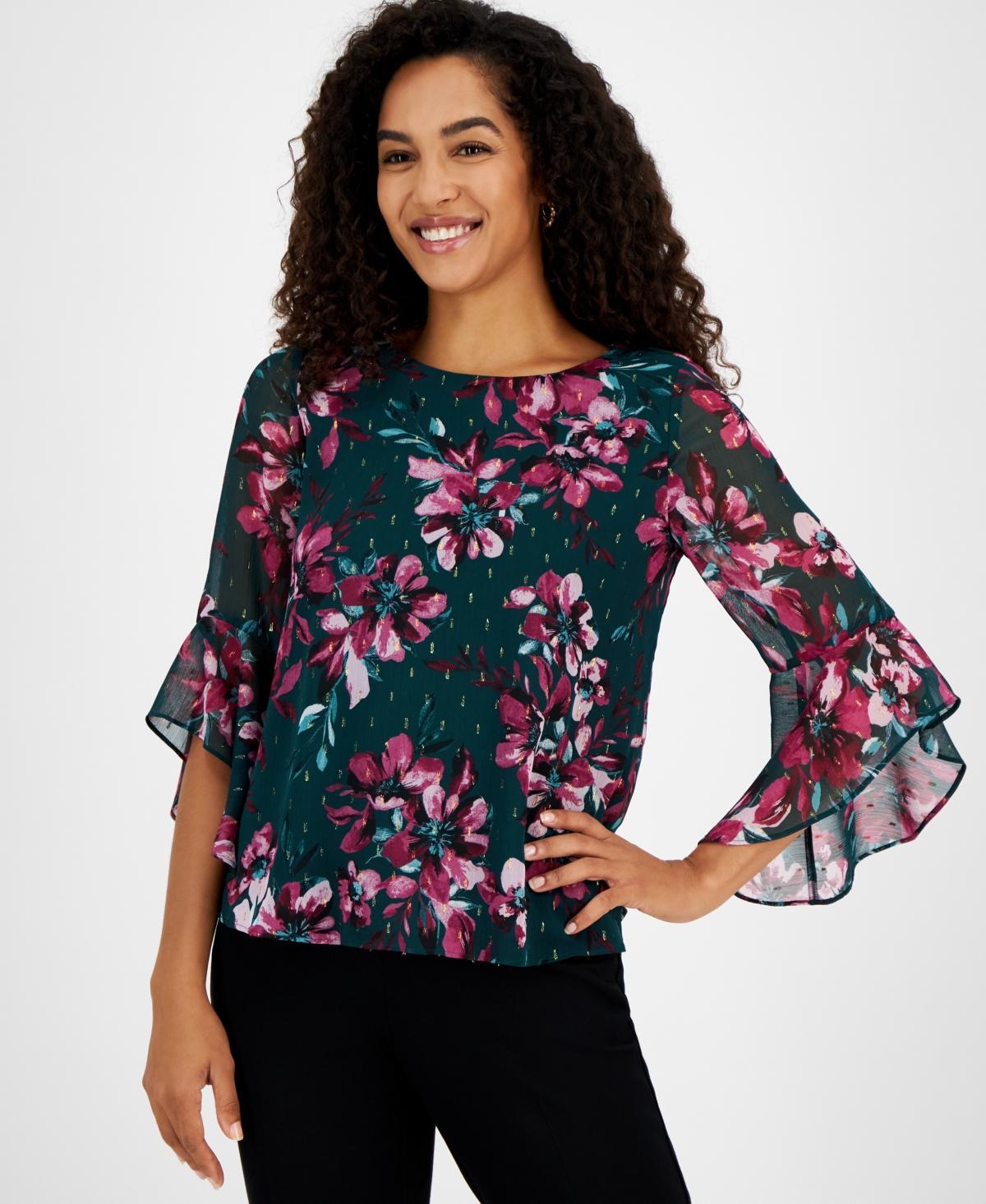 Kasper Womens Floral-Print Bell-Sleeve Ruffle Blouse Product Image