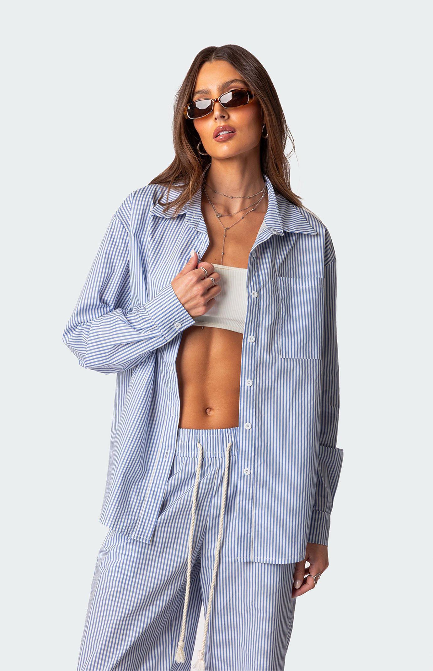 Edikted Womens Oversized Pinstripe Button Up Shirt Product Image