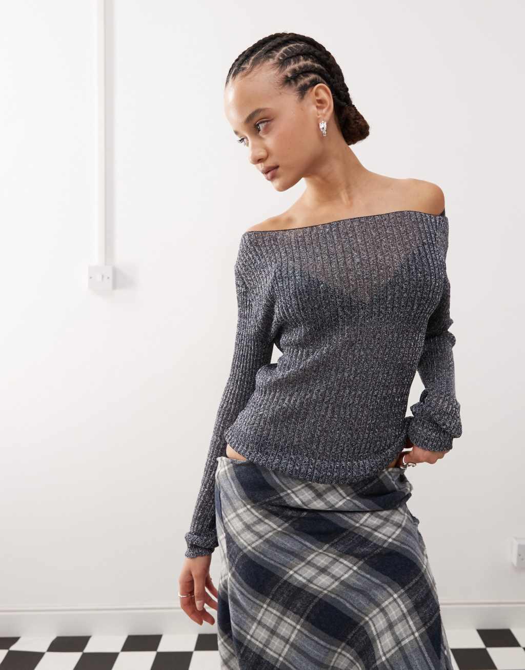 COLLUSION knit twinkle slash neck top in Navy product image