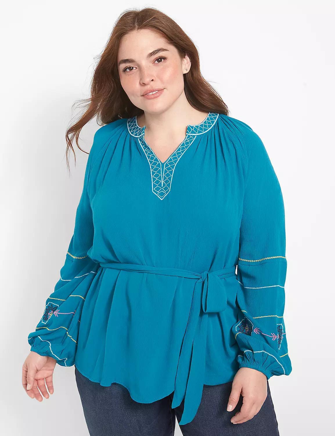 Classic Long-Sleeve Belted Peasant Blouse Product Image