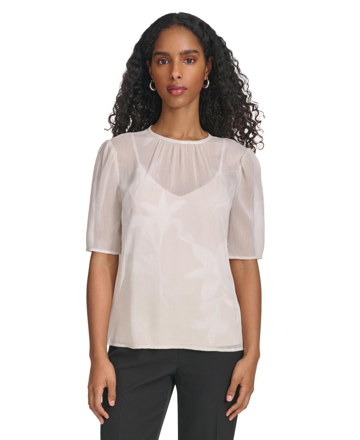 Calvin Klein Womens Floral-Motif Textured Chiffon Top Product Image