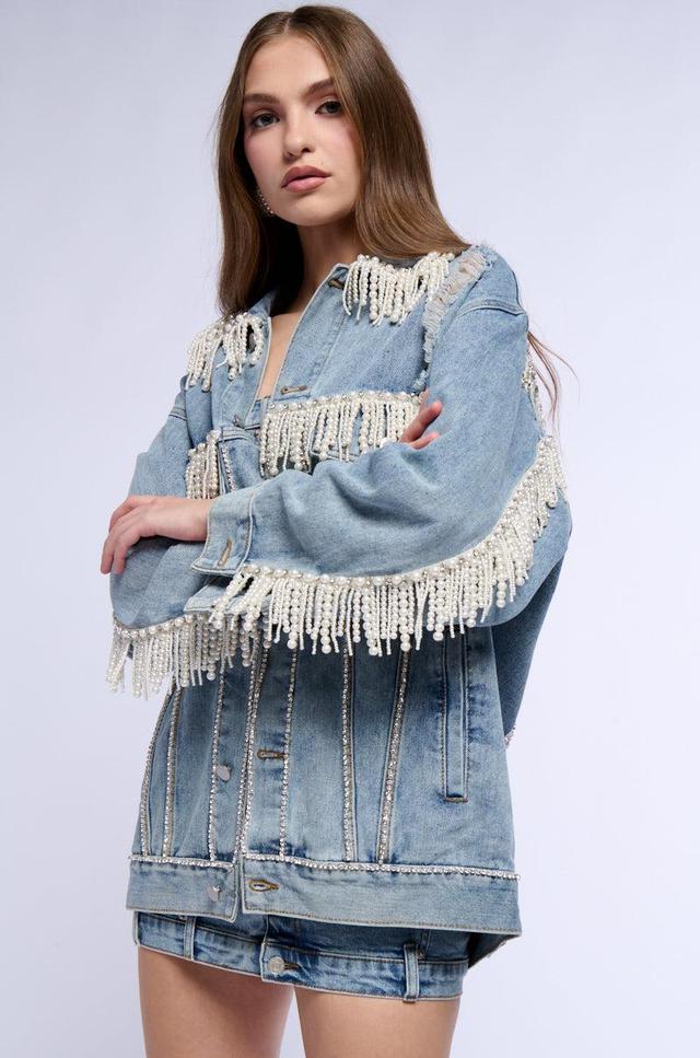 SHOW STOPPER PEARL EMBELLISHED DENIM JACKET Product Image