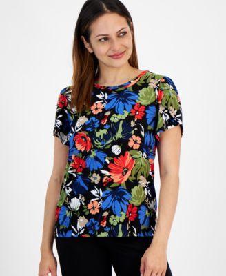 Petite Floral Print Crewneck Tulip-Sleeve Top Product Image