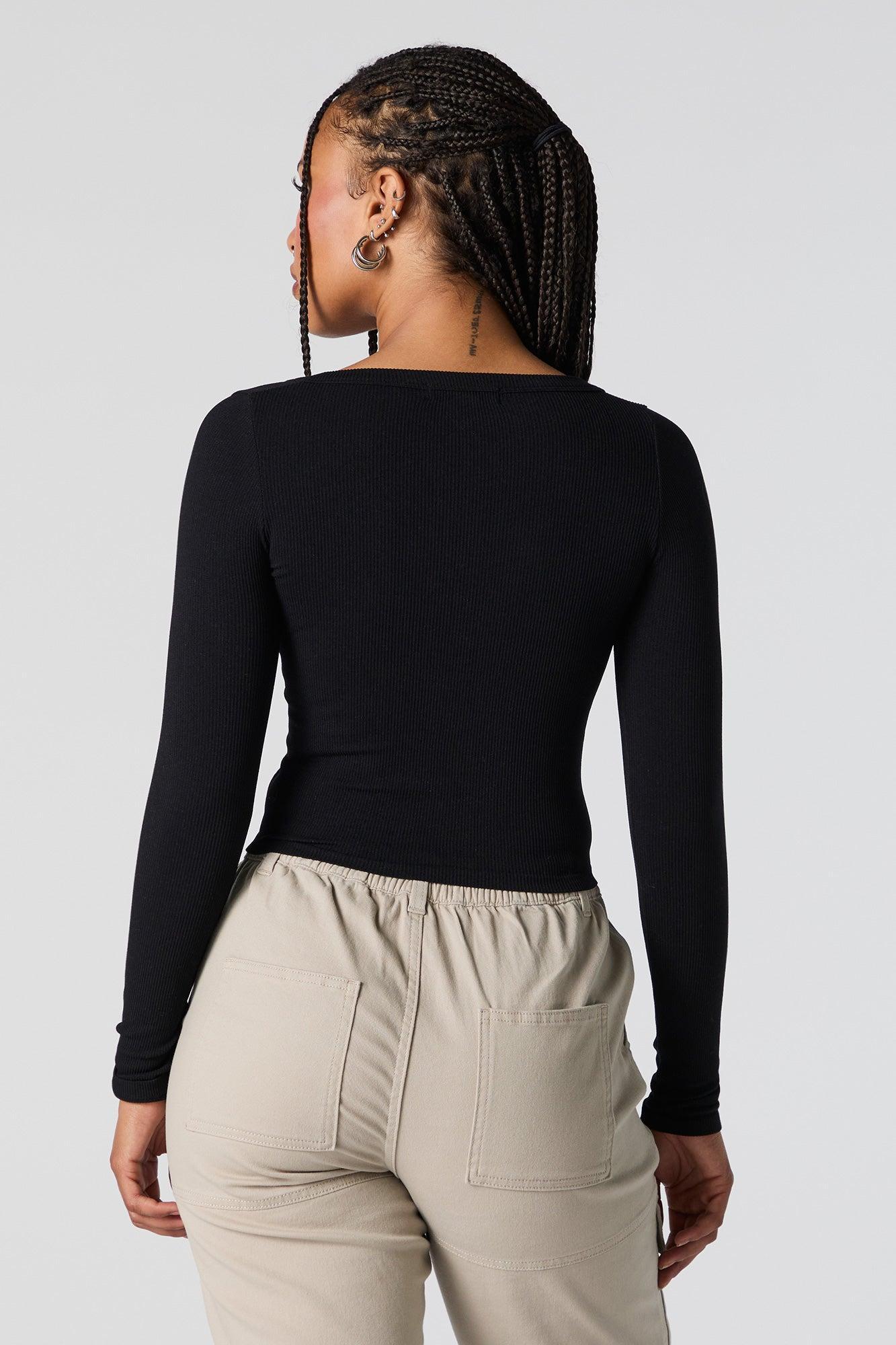 Seamless Ribbed V-Neck Long Sleeve Crop Top Female Product Image