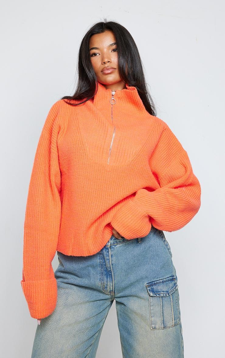 Bright Orange Marl Chunky Knit Half Zip Sweater product image