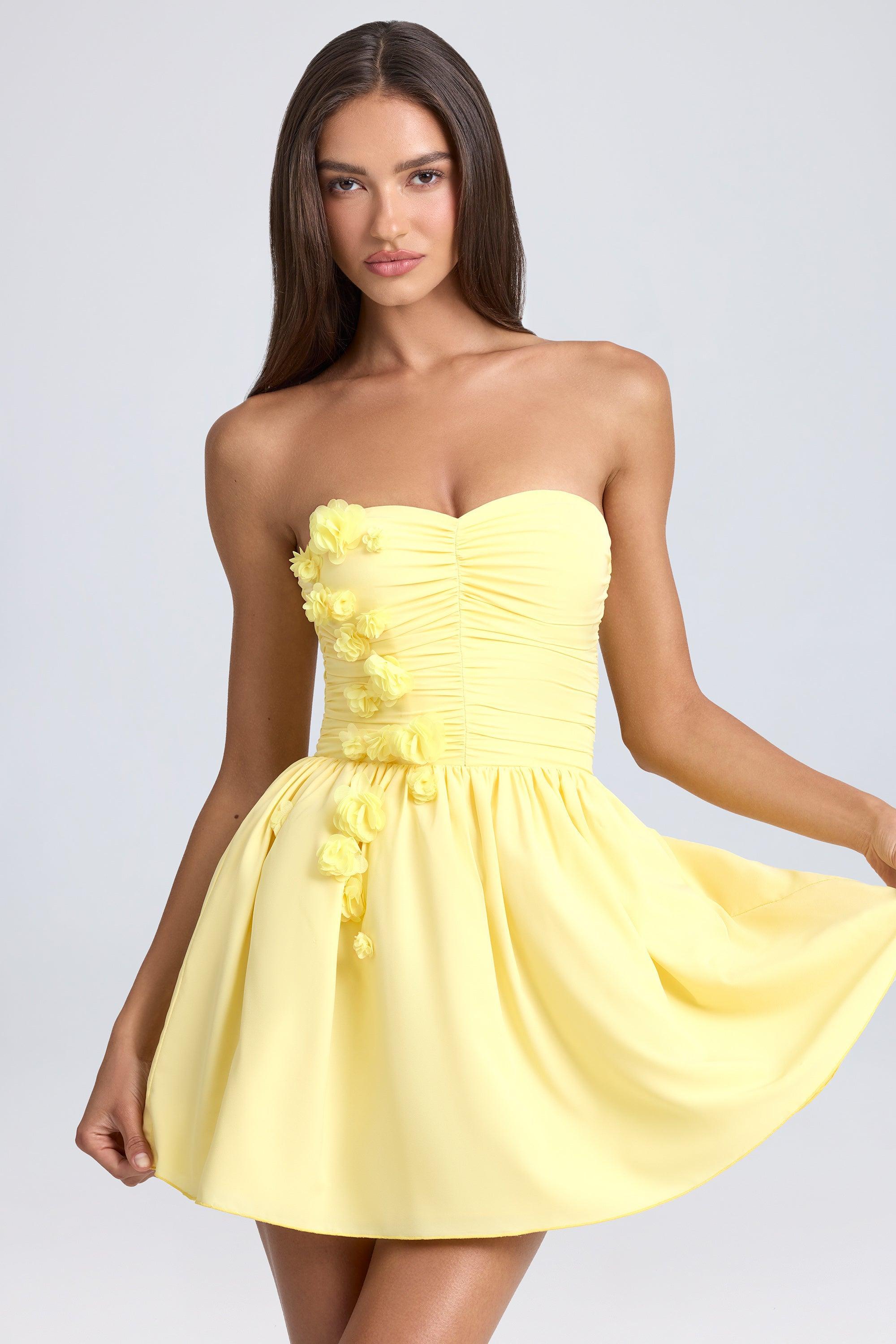 Bandeau Floral-Appliqué Corset Mini Dress in Lemon Sherbet Product Image