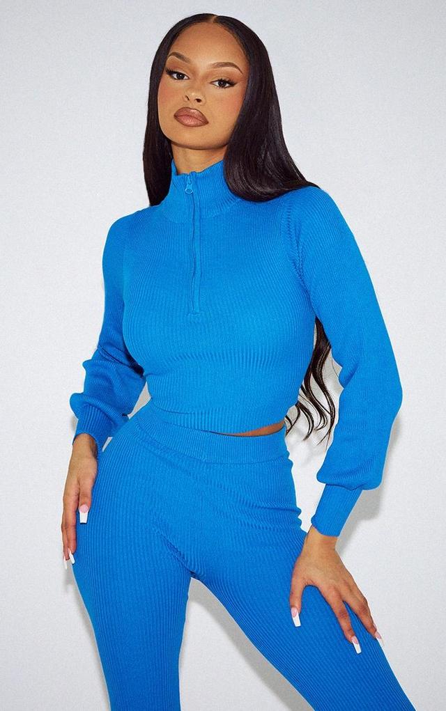 Bright Blue Half Zip Long Sleeve Knit Top Product Image