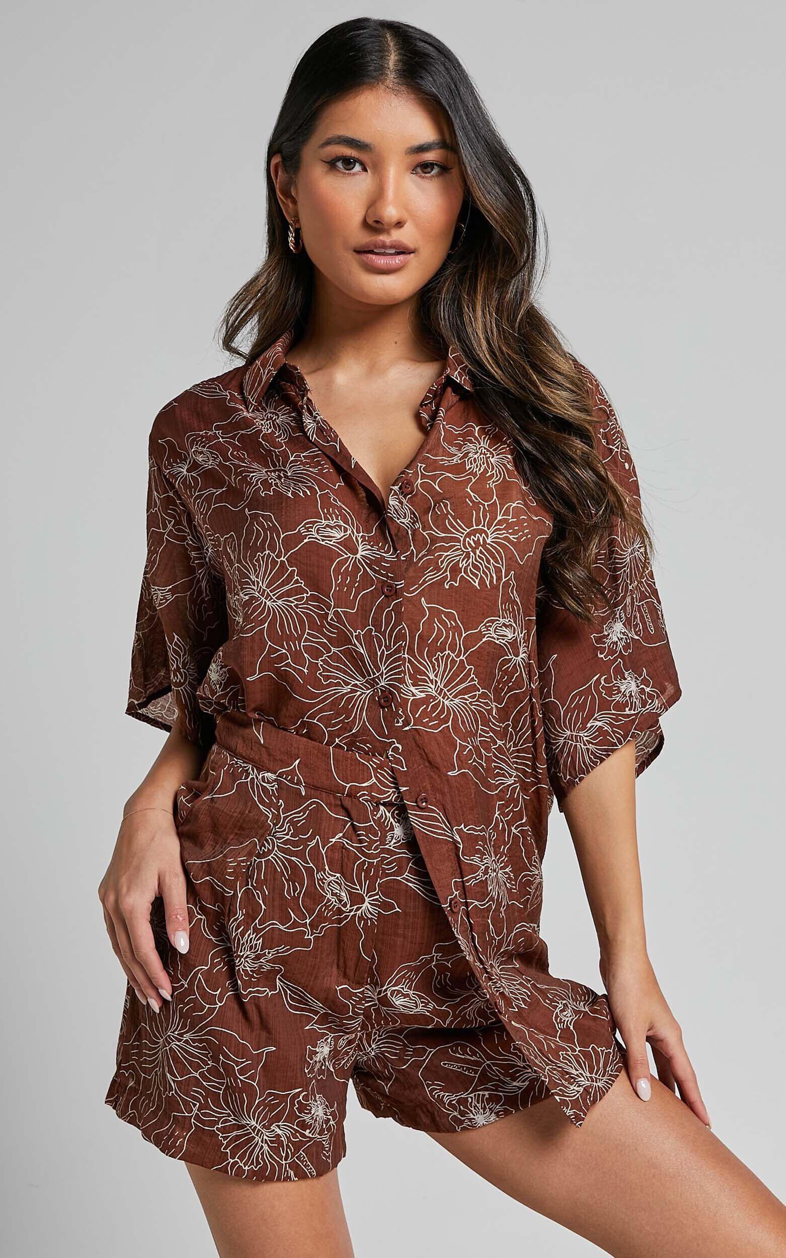 Alofi Top - Collared Button Through Short Sleeve Blouse in Brown Floral Product Image