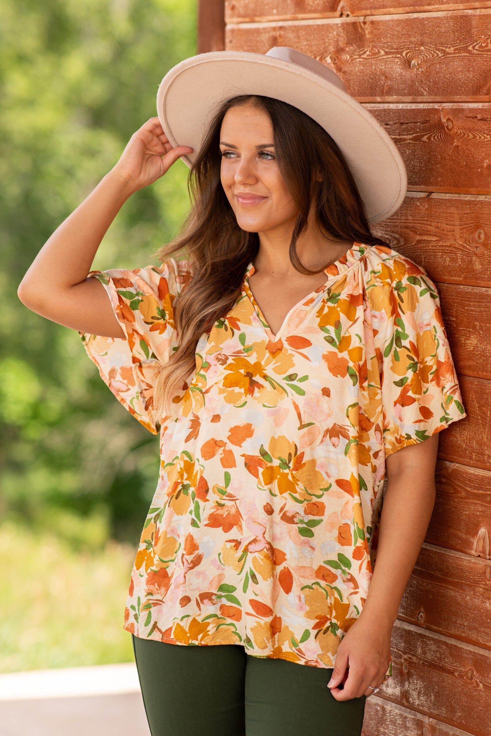 Orange Multicolor Floral Print Notch Neck Top Product Image