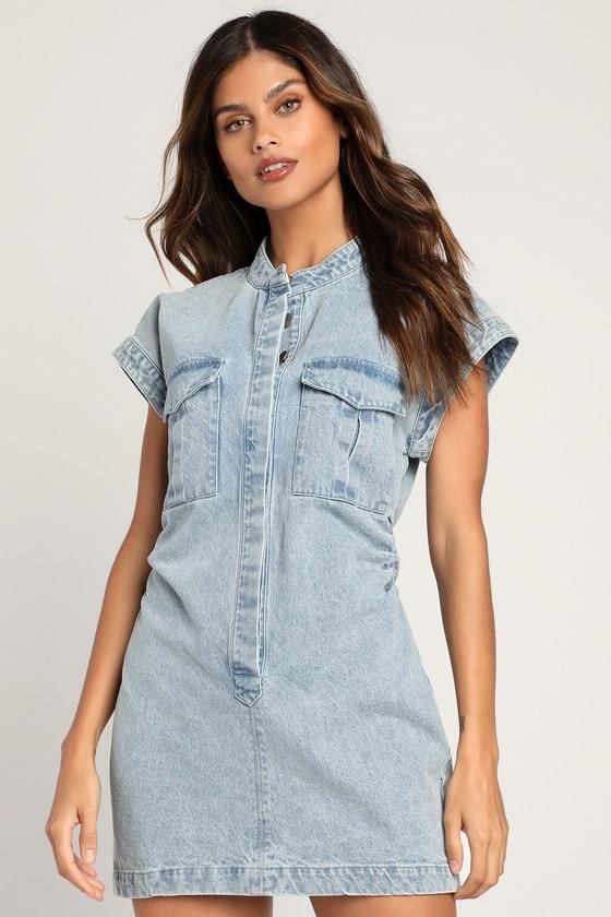 On this Sweet Day Light Wash Denim Button-Front Mini Dress Product Image