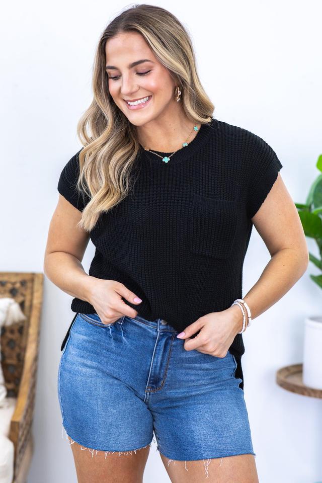 Black Sweater Knit Top With Pocket Product Image