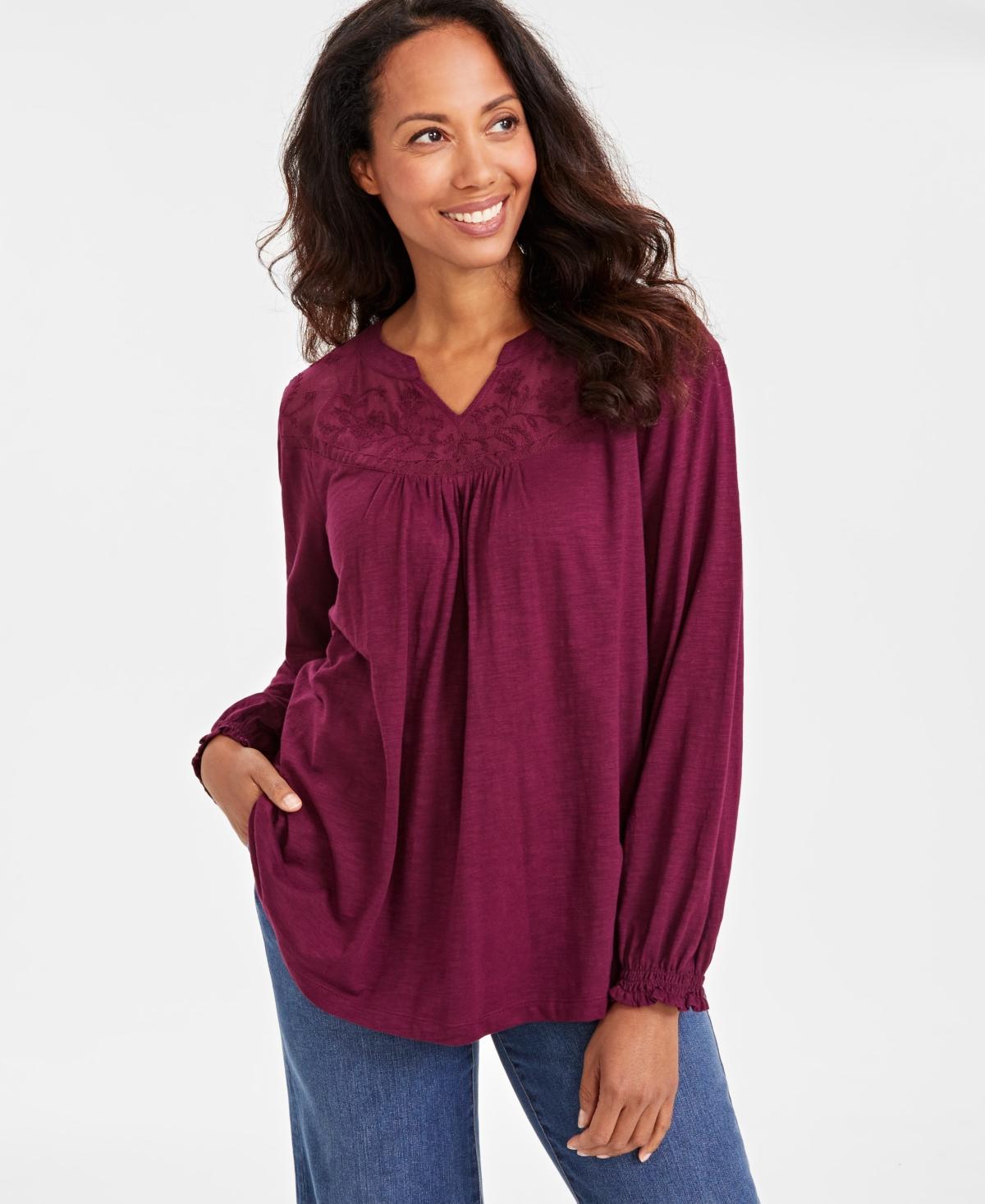 Style & Co Womens Lace-Trim Embroidered Top, Created for Macys Product Image