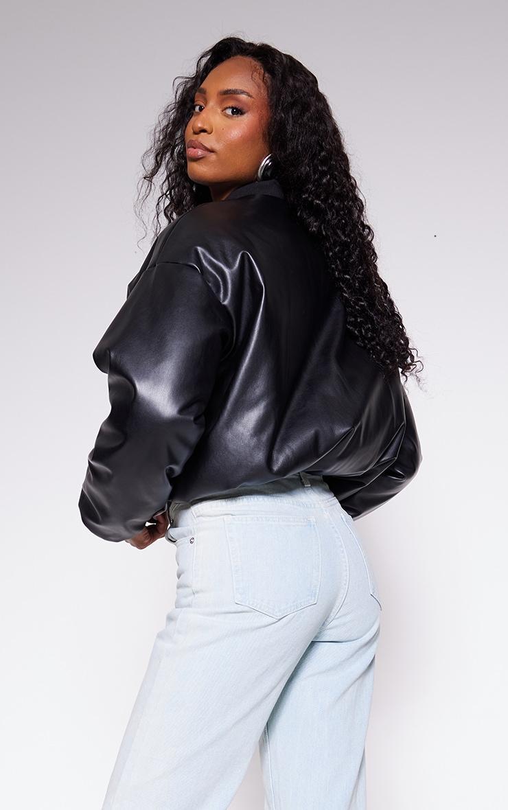 Black Faux Leather Oversized Bomber Jacket Product Image