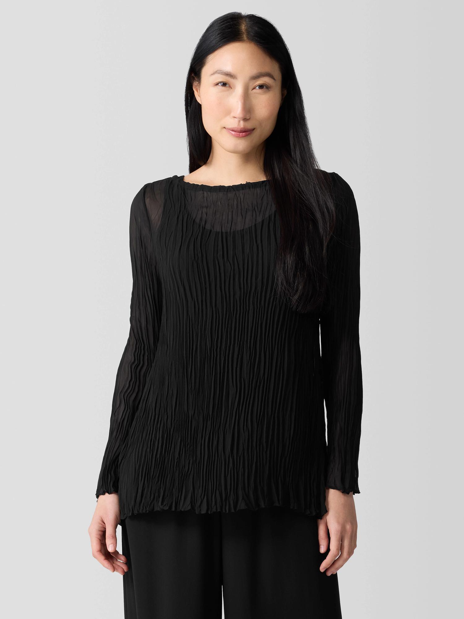 EILEEN FISHER Crinkled Sheer Silk Georgette Bateau Neck Long Topfemale Product Image