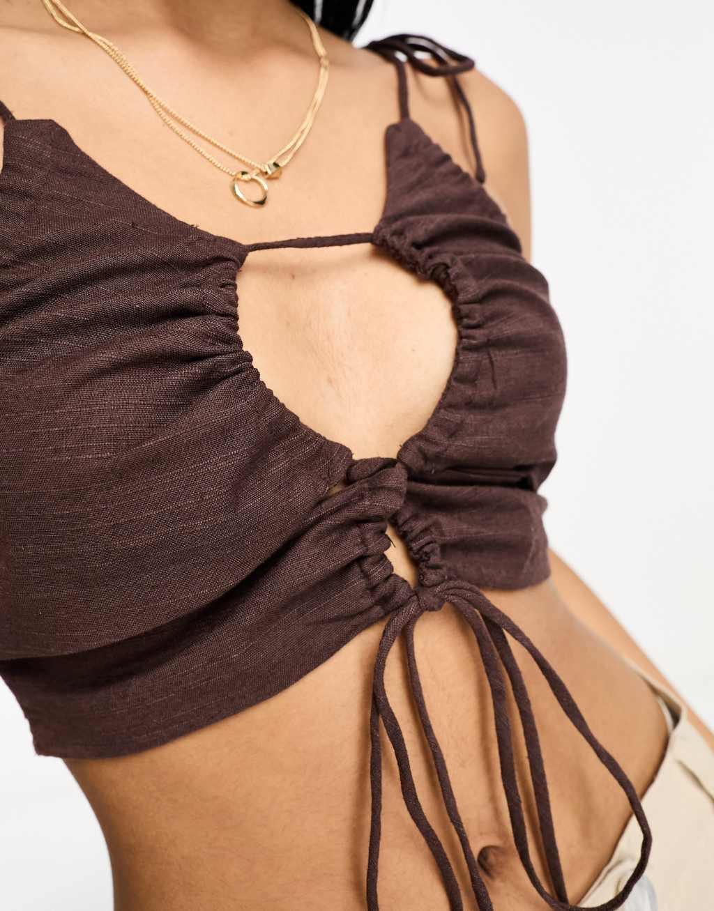 ASOS DESIGN ruched keyhole strappy crop top with tie shoulder detail in chocolate Product Image