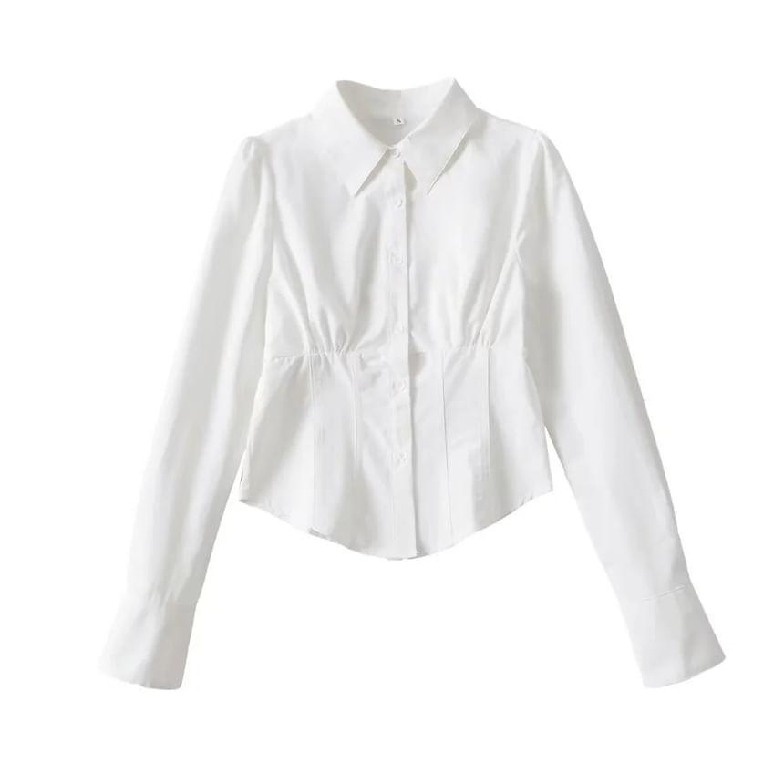 Long Sleeve Collar V-Neck Plain Slim-Fit Shirt Product Image