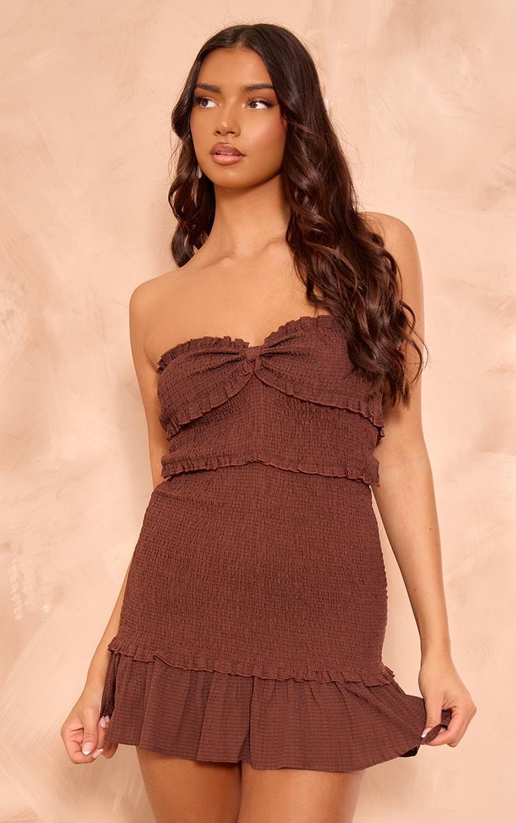 Chocolate Shirred Frill Bandeau Shift Dress Product Image