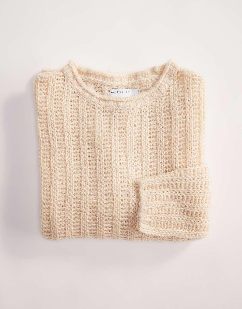 ASOS DESIGN oversized open knit brushed rib sweater in cream Product Image