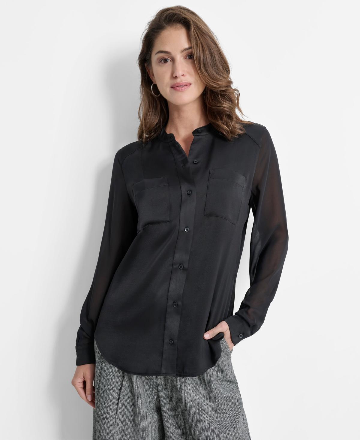 Dkny Womens Chiffon-Sleeve Button-Front Satin Blouse Product Image