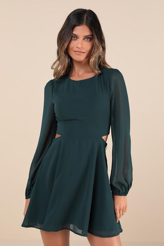 Garden Bliss Emerald Green Long Sleeve Cutout Mini Dress Product Image