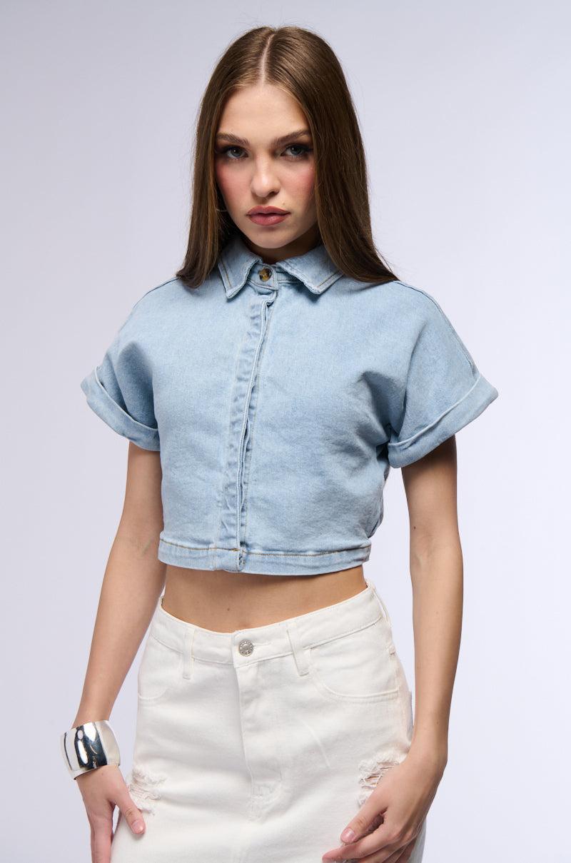 NOT IN THE MOOD CROPPED DENIM SHIRT Product Image