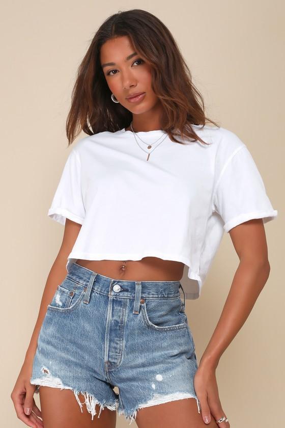 Versatile Option White Cotton Cropped Tee Product Image