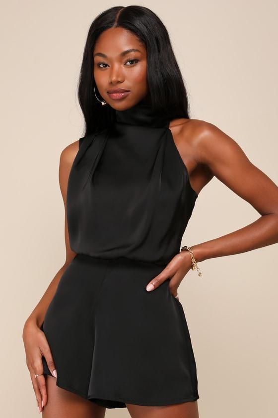 Advantageous Perfection Black Satin Asymmetrical Romper Product Image