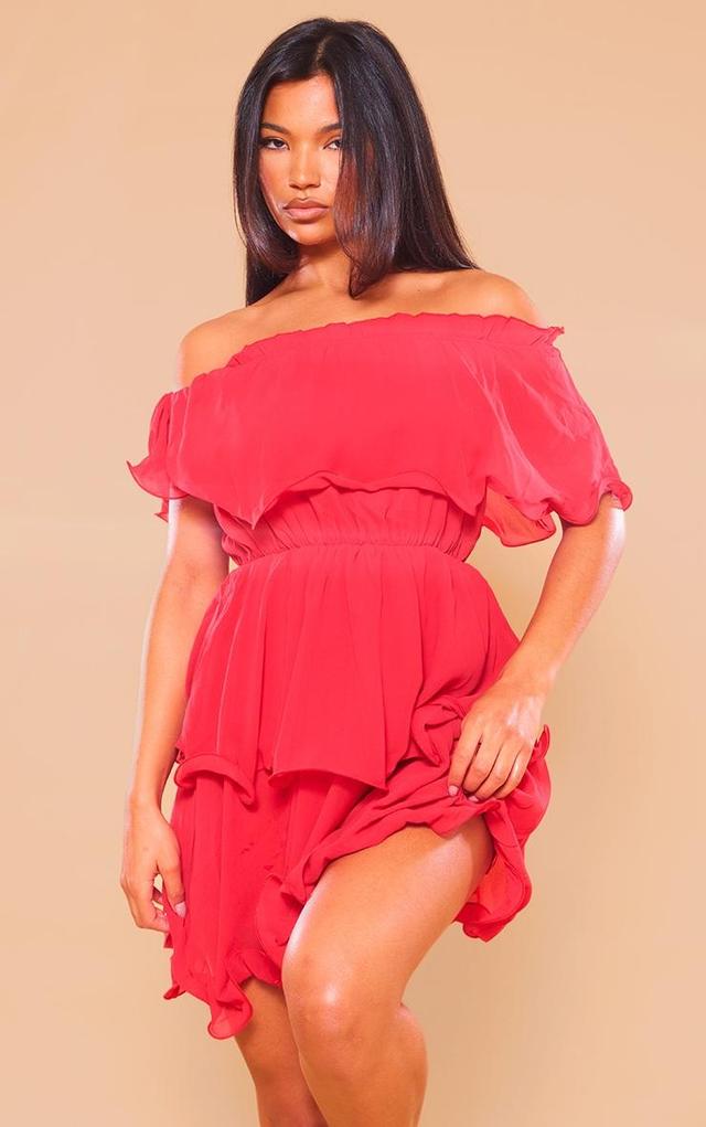 Red Chiffon Bardot Ruffle Tiered Dress Product Image