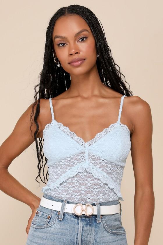 Exceedingly Flirty Light Blue Lace Sheer Sleeveless Bodysuit Product Image