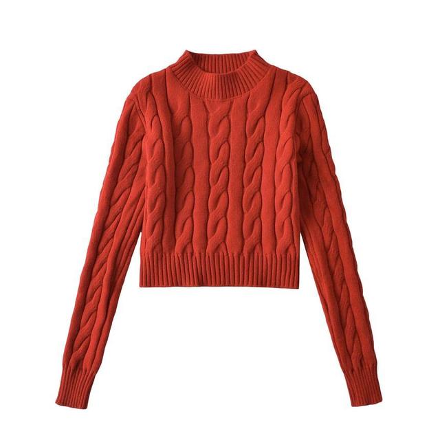 Mock Neck Plain Cable Knit Crop Sweater Product Image