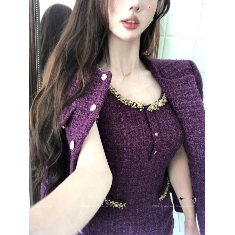 Crew Neck Mock Two-Piece Button-Up Tweed Jacket / Sleeveless Scoop Neck Sequin Mini A-Line Dress Product Image