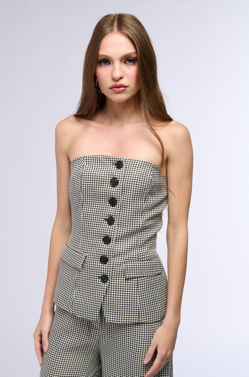 BUSINESS CASUAL HOUNDSTOOTH BUTTON DOWN TUBE BLOUSE Product Image