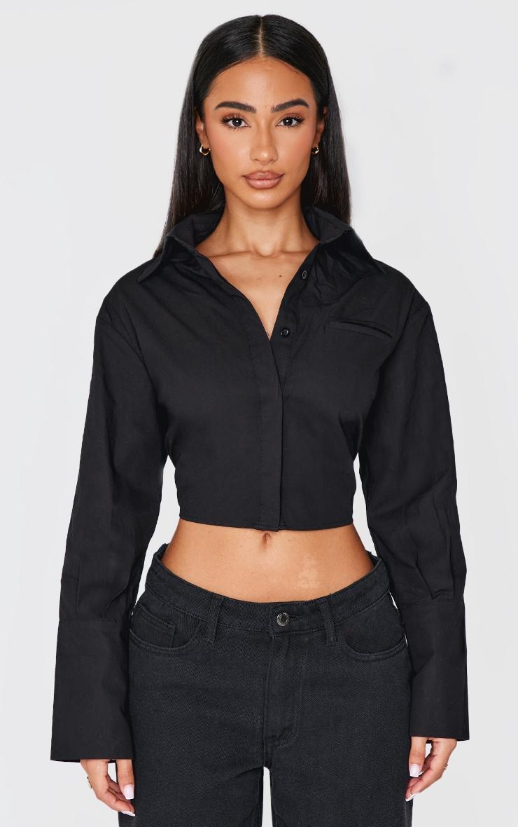 Petite Black Woven Long Sleeve Belt Detail Cropped Shirt Product Image