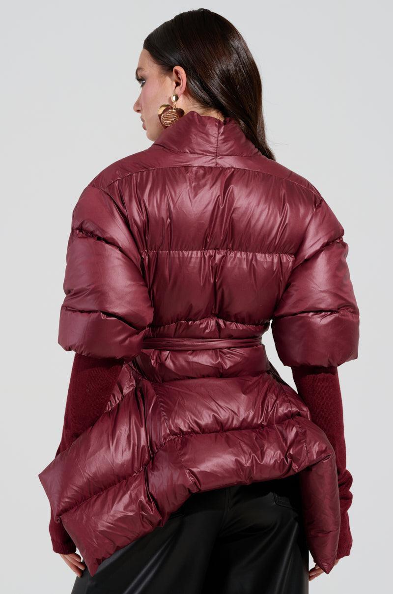 RIB SLEEVE PEPLUM PUFFER IN BURGUNDY Product Image